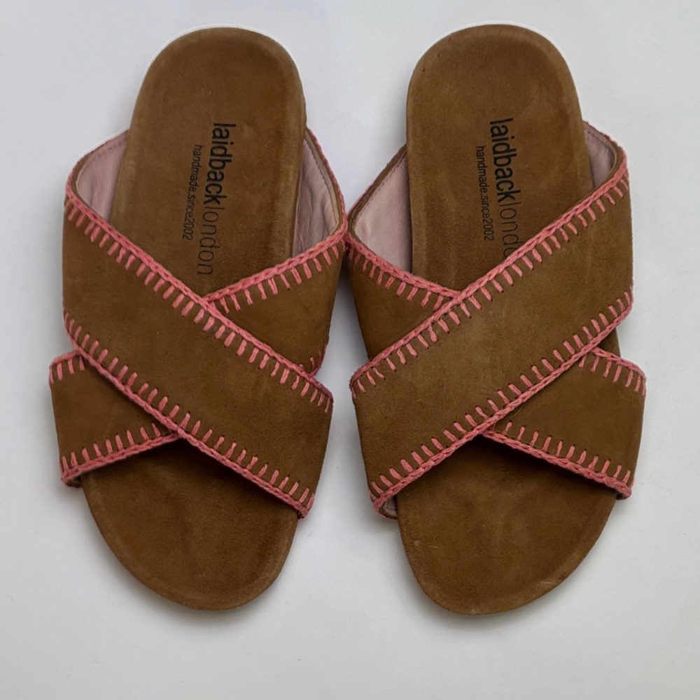 Laidback London Sandals Brown Pink Womens 9 Suede Criss Cross Slides Consign